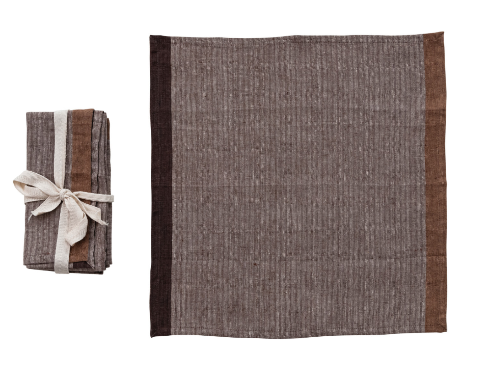 Woven Linen Napkins with Stripes, Set of 4 Tied with Cotton Tape