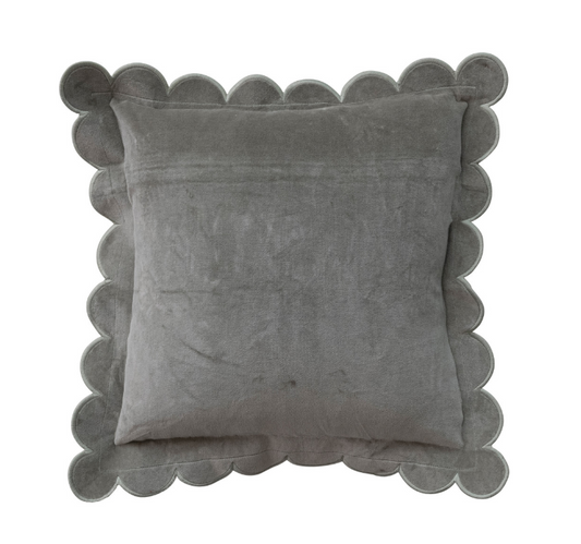 18" Square Cotton Velvet Pillow with Scalloped Flange & Stitched Edge, Green