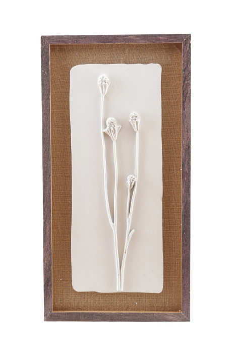 Wood Framed Wall Decor with Plaster Cast Botanical & Jute Mat, White & Brown