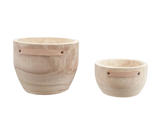 Decorative Paulownia Wood Nested Planters with Leather Tabs, Natural, Set of 2
