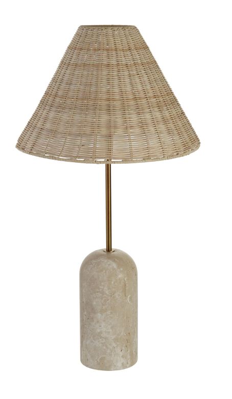 Metal & Travertine Table Lamp with Hand-Woven Shade & Inline Switch