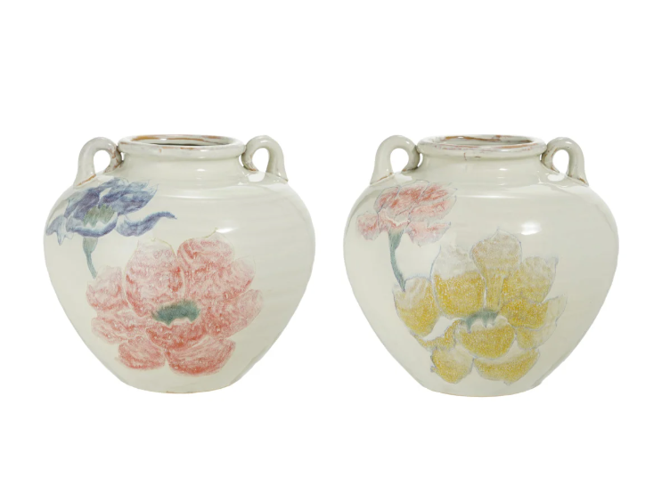 Hand-Painted Stoneware Urn with Flowers (Each One Will Vary)