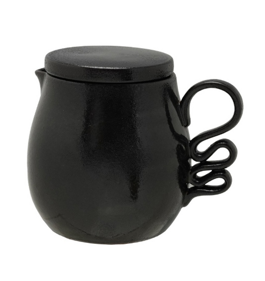 1-1/2 Quart Textured Stoneware Pitcher with Lid & Abstract Handle, Black