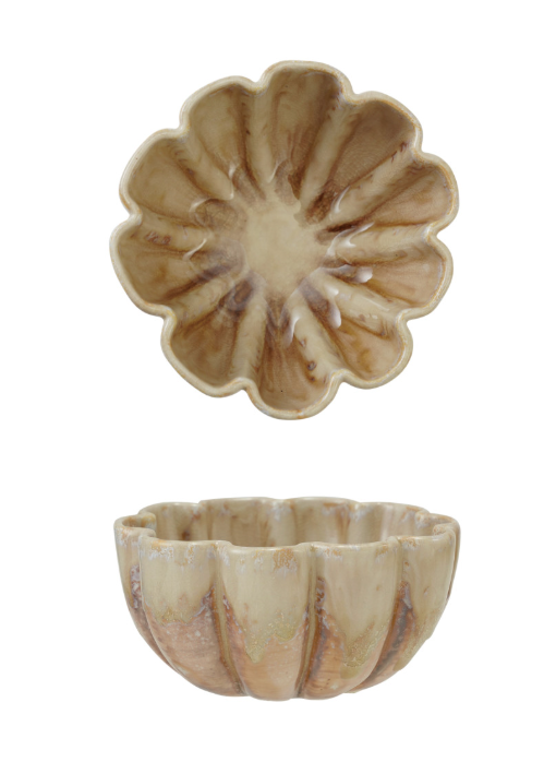 Stoneware Fluted Scalloped Bowl, Reactive Crackle Glaze, Brown (Each One Will Vary)