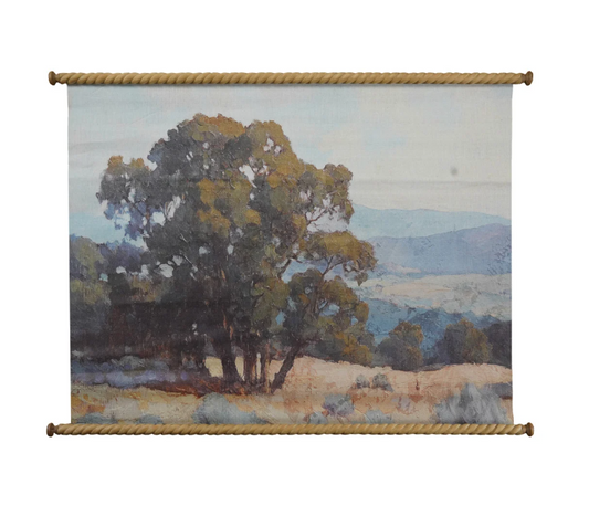 Carved Wood & Canvas Scroll Wall Decor with Landscape