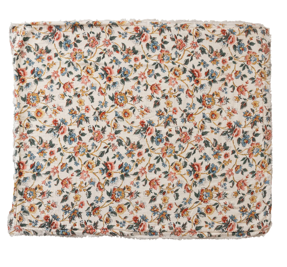 Woven Cotton Printed Throw w/ Sherpa Back, Flower Pattern & Fringe