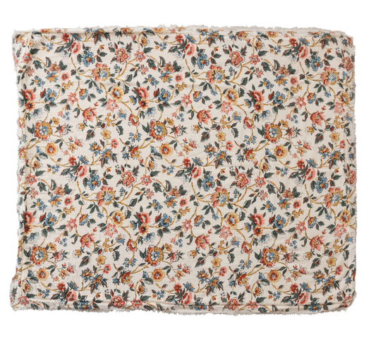 Woven Cotton Printed Throw w/ Sherpa Back, Flower Pattern & Fringe
