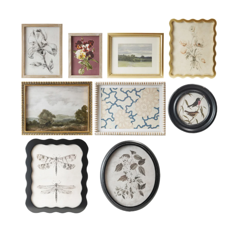 Wood Framed Glass Wall Décor w/ Landscapes, Botanicals & Insect Prints, Set of 9