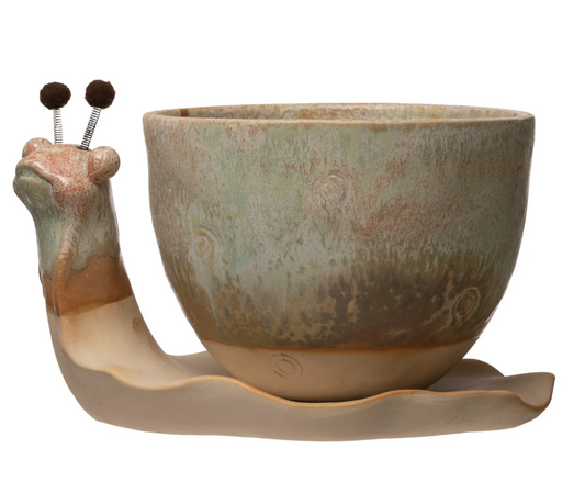 Stoneware Snail Planter with Glaze, Set of 2