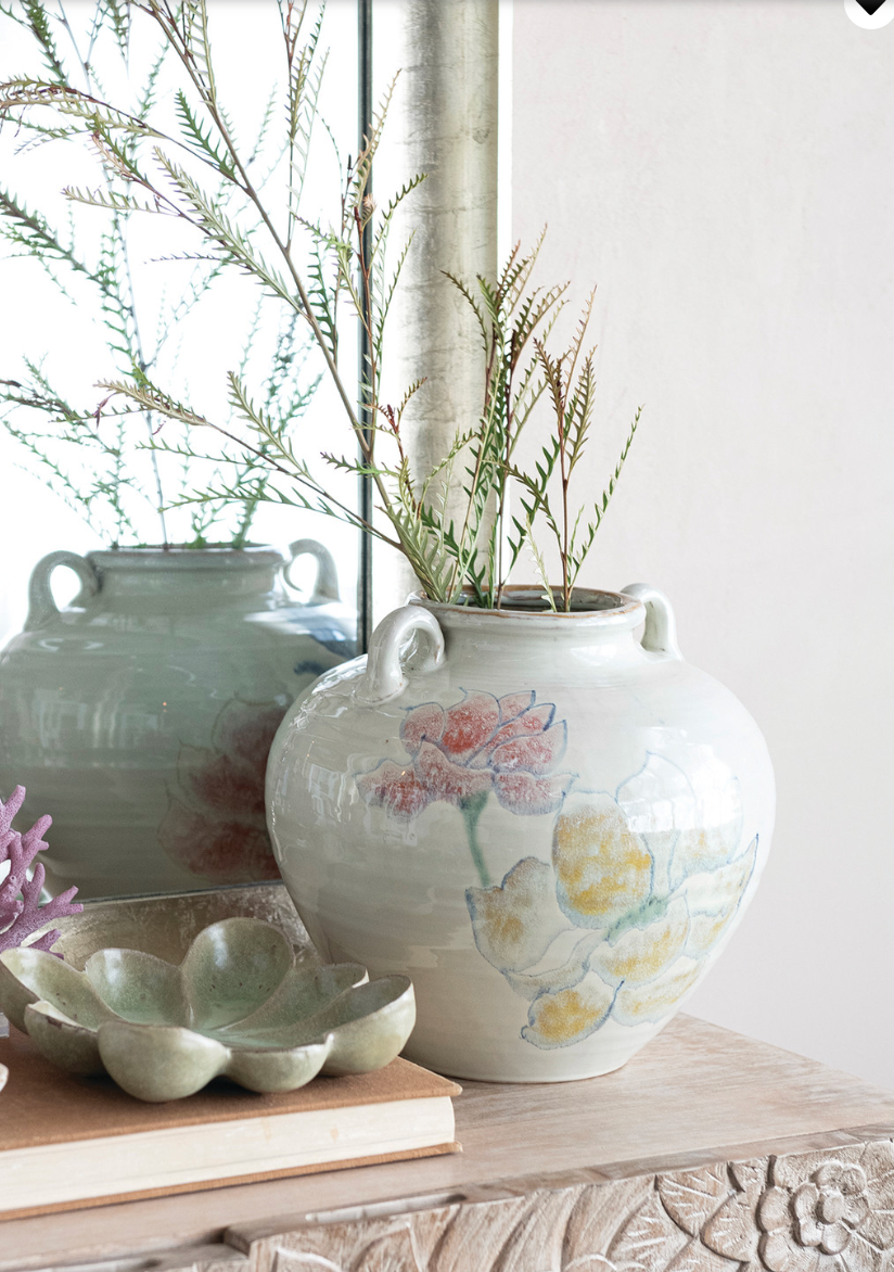 Hand-Painted Stoneware Urn with Flowers (Each One Will Vary)