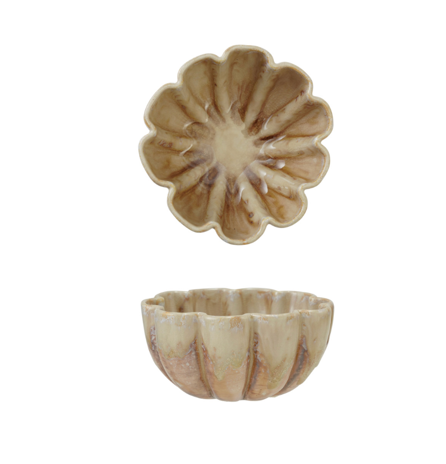 Stoneware Fluted Scalloped Bowl, Reactive Crackle Glaze, Brown