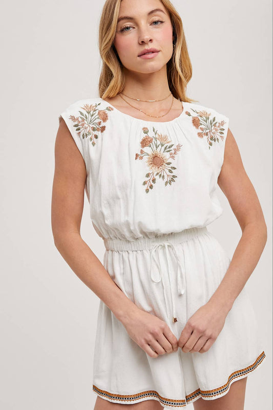 EMBROIDERED FLORAL WHITE DRAWSTRING ROMPER