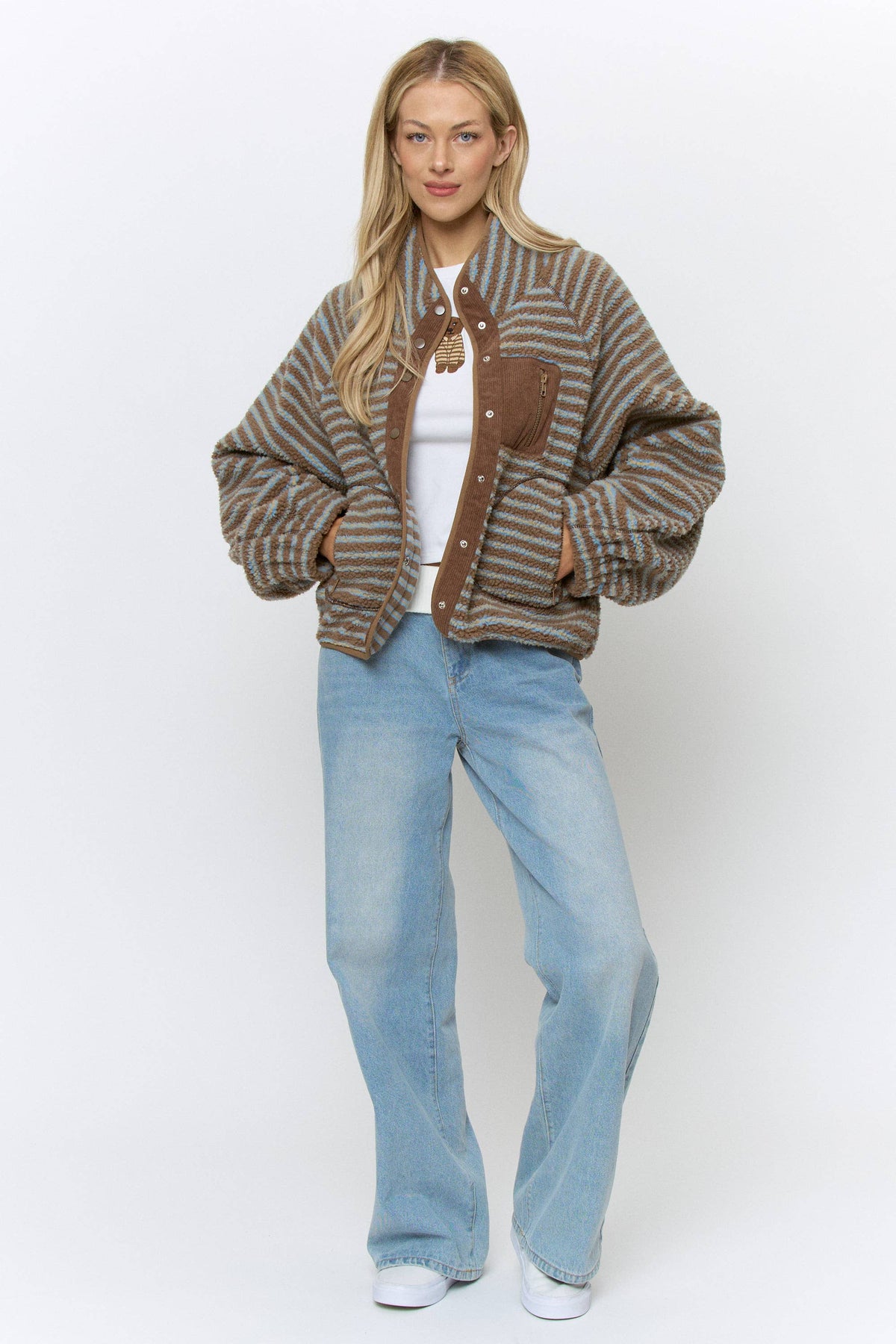 OVERSIZED PRINTED FLEECE JACKET - BJ1029C MOCHA