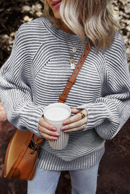 Dahlia Striped Print Ribbed Knit Boat Neck Baggy Sweater
