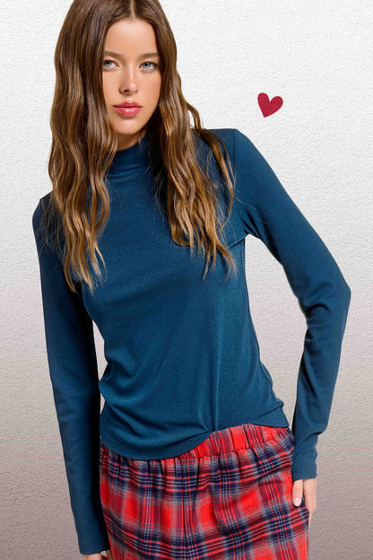 MCT7699-Stretchy Ribbed Long Sleeve Mock Neck Basic Top