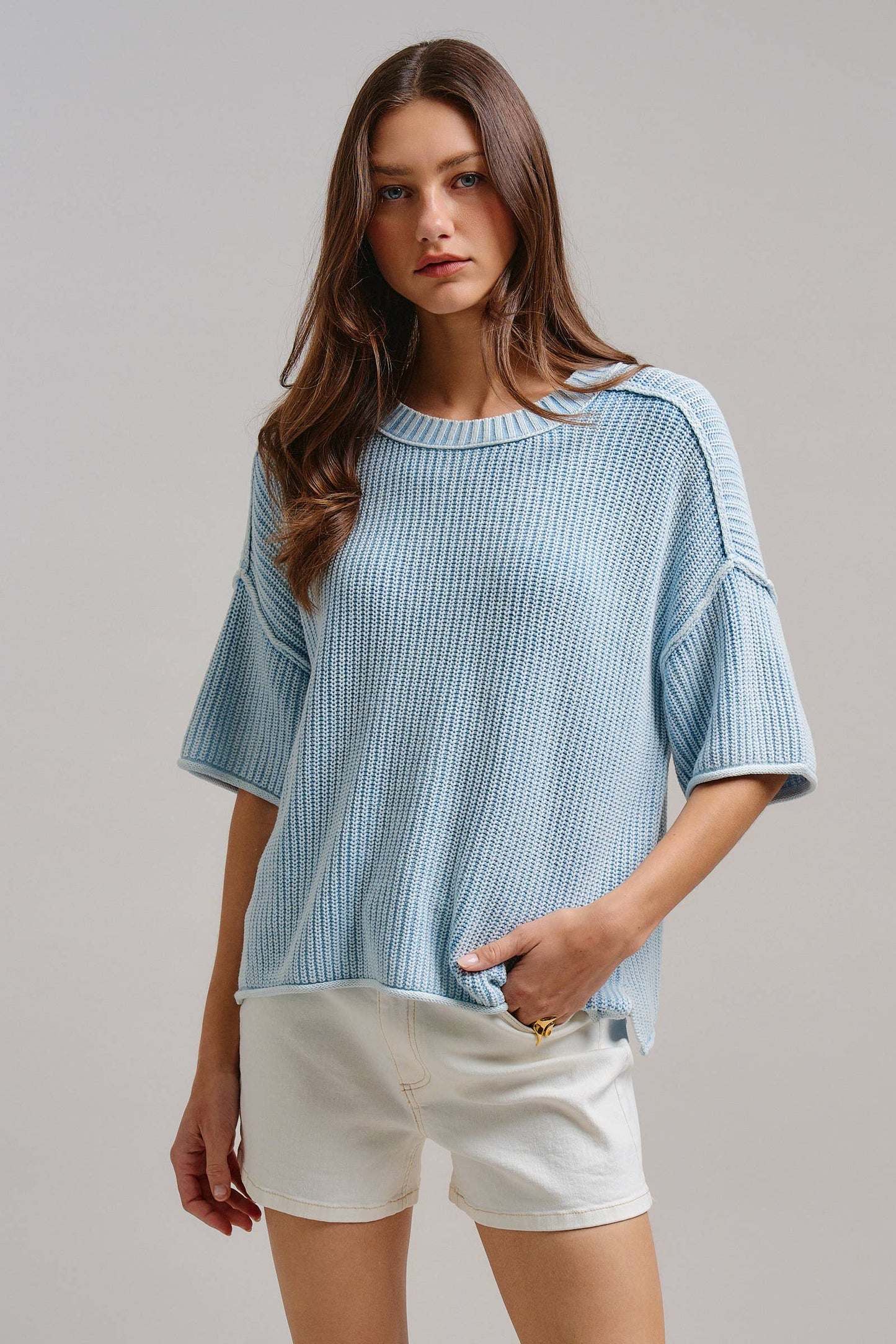 Mineral Wash Exposed Seam Short Sleeve Sweater