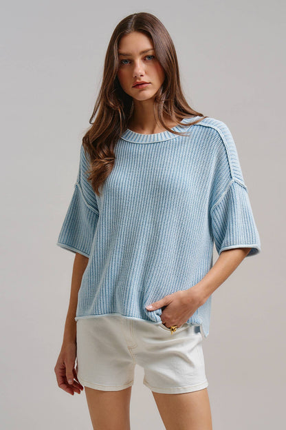 Mineral Wash Exposed Seam Short Sleeve Sweater