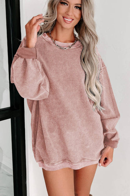 Custom Solid Ribbed Knit Round Neck Pullover Sweatshirt