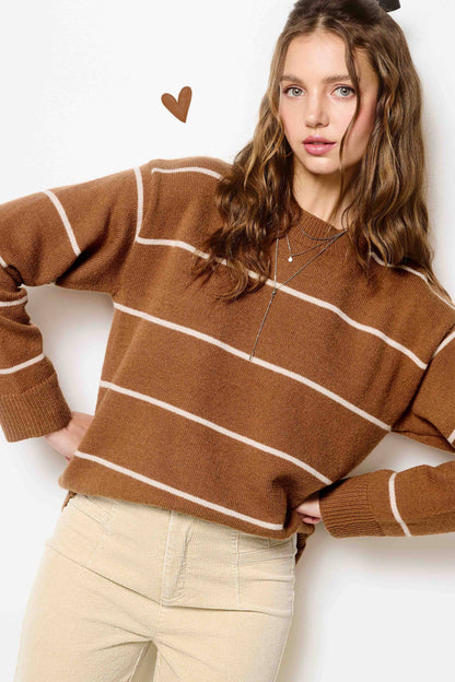 HCS3553-Loose Fit Stripe Long Sleeve Crewneck Sweater