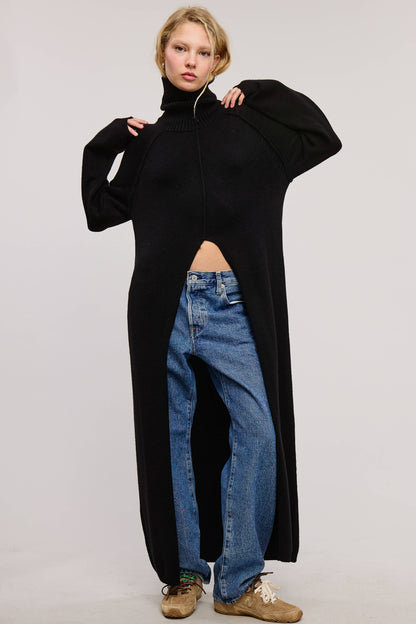 SEAM DETAIL TURTLENECK TUNIC SWEATER DRESS WITH SLIT