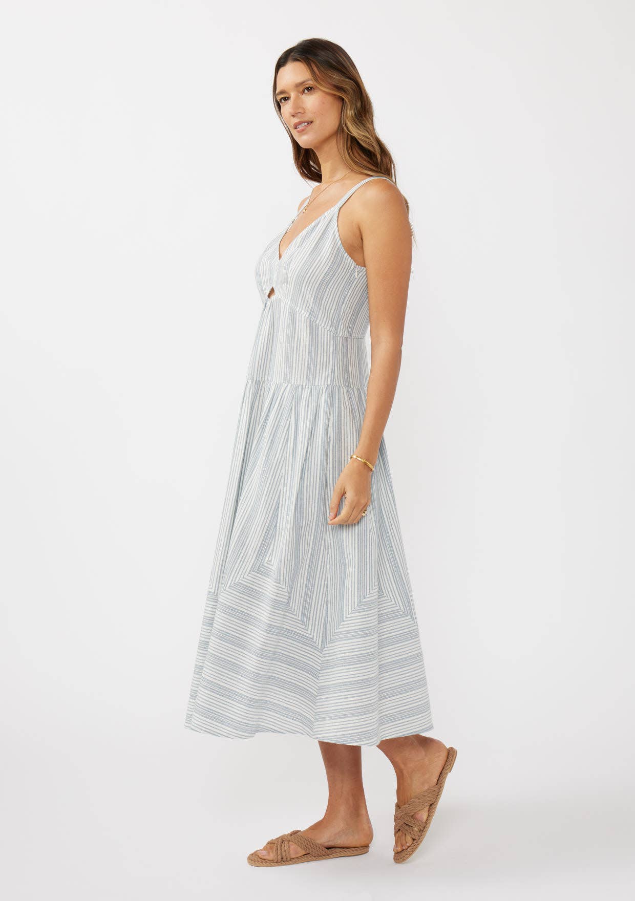 Striped V-Neck Midi Dress with Cutouts and Pockets
