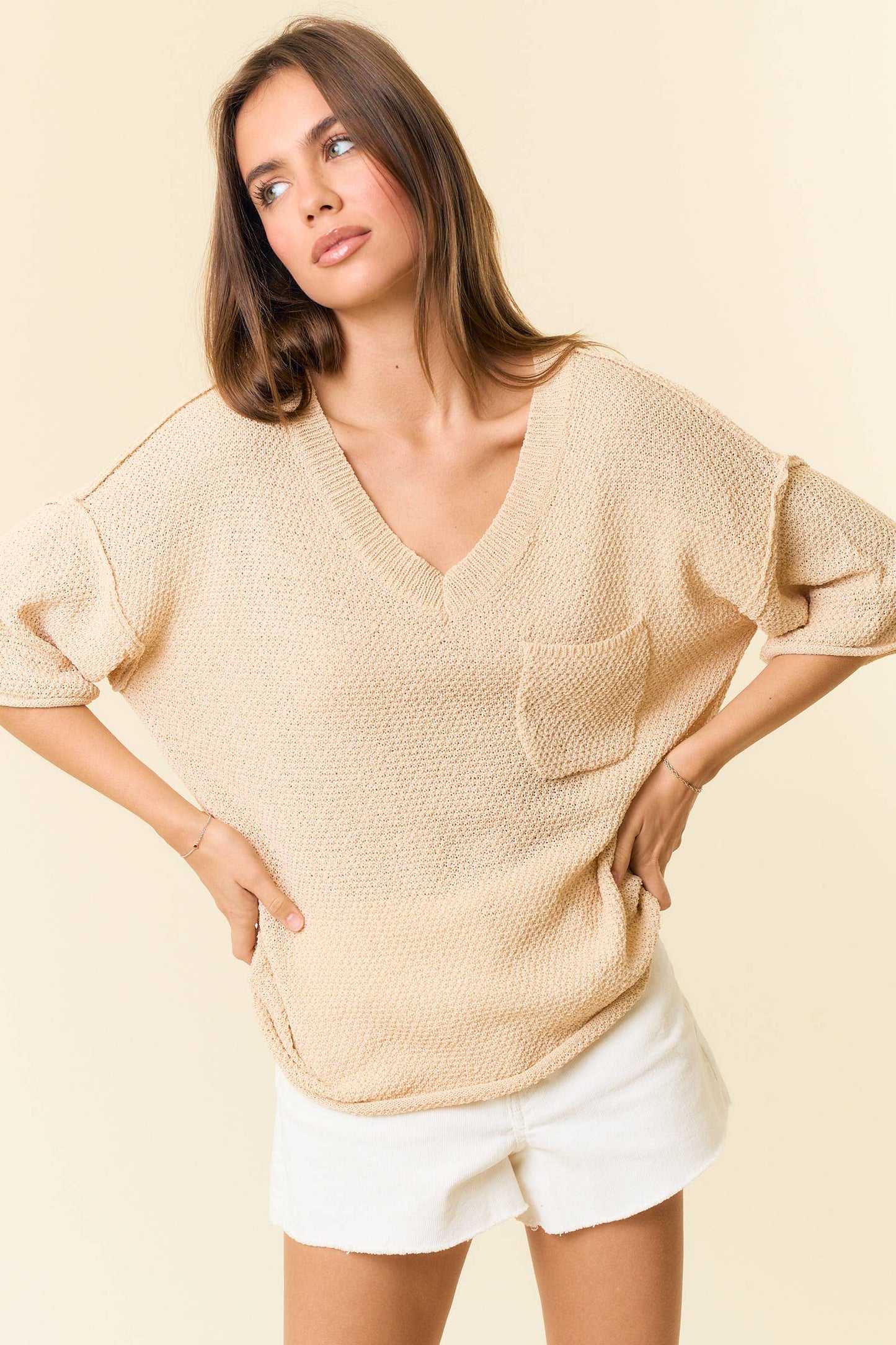 V-Neck Dropped Short Sleeve Exposed Seam Sweater - 44339T