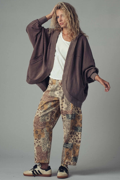 Washed Waffle Knit Hooded Cardigan