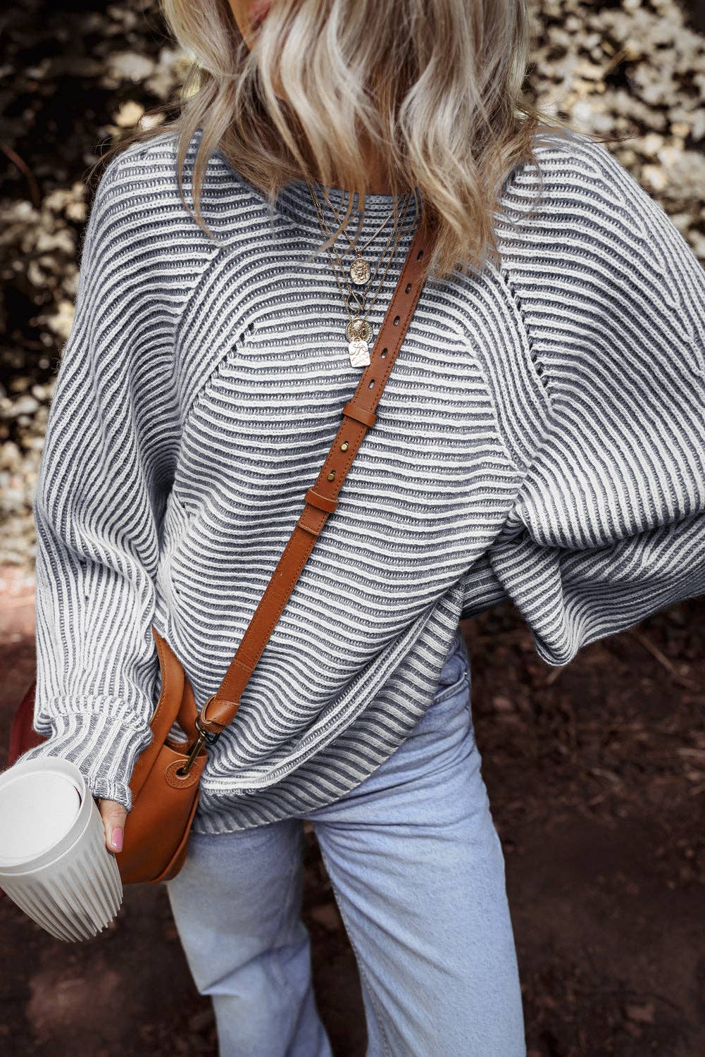 Dahlia Striped Print Ribbed Knit Boat Neck Baggy Sweater