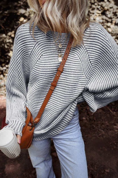 Dahlia Striped Print Ribbed Knit Boat Neck Baggy Sweater