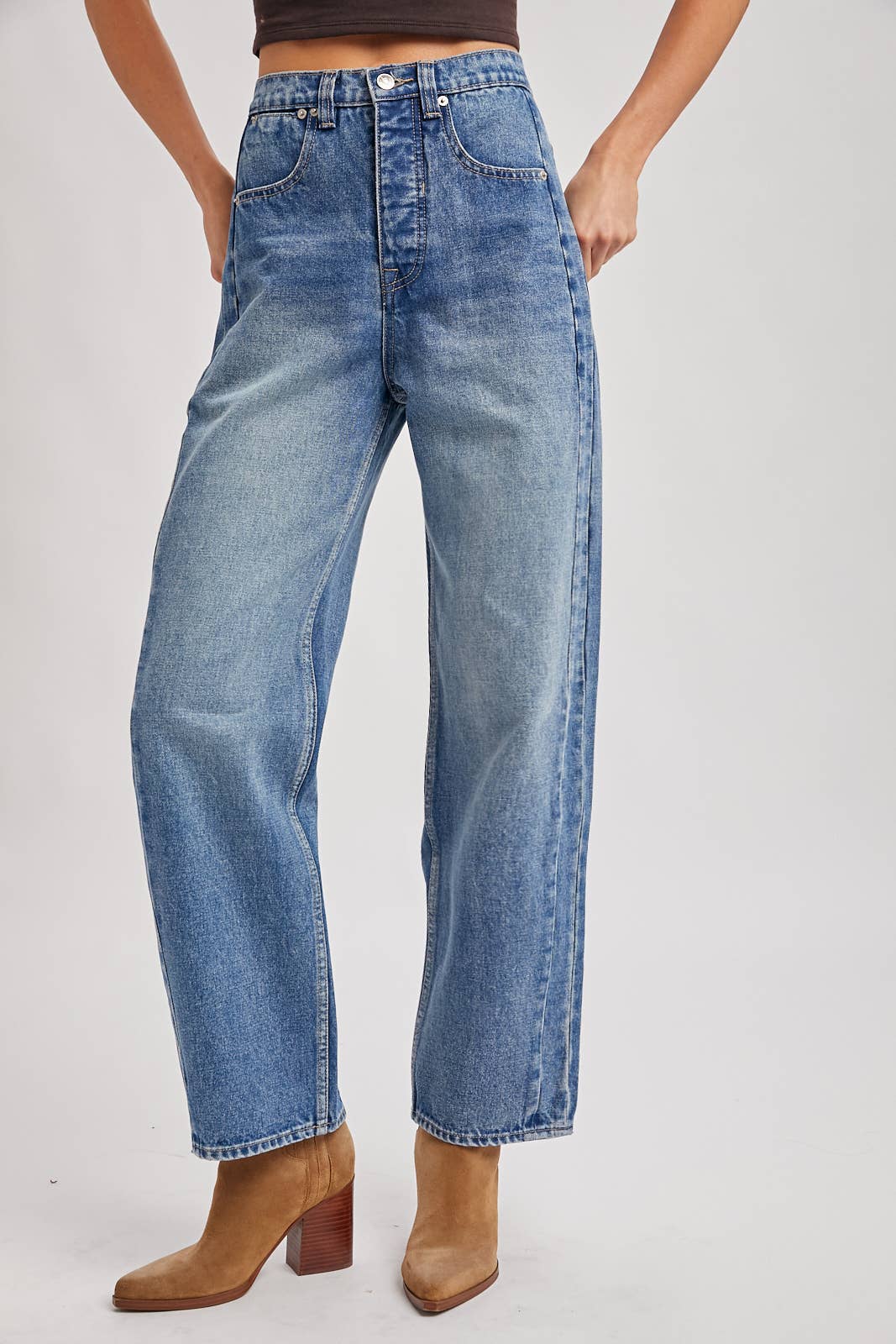 MEDIUM WASH DENIM HIGH-RISE STRAIGHT LEG PANTS JEANS