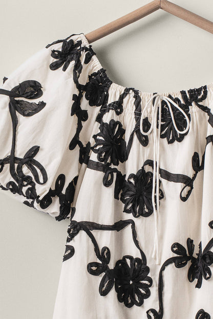 Floral Embroidery Off-Shoulder Puff Sleeve Mini Dres