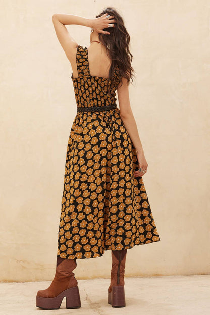Floral-Print Fit-and-Flare Smocked Midi Dress