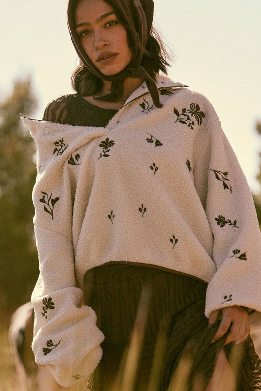 Floral-Embroidered Fleece Half-Snap Pullover