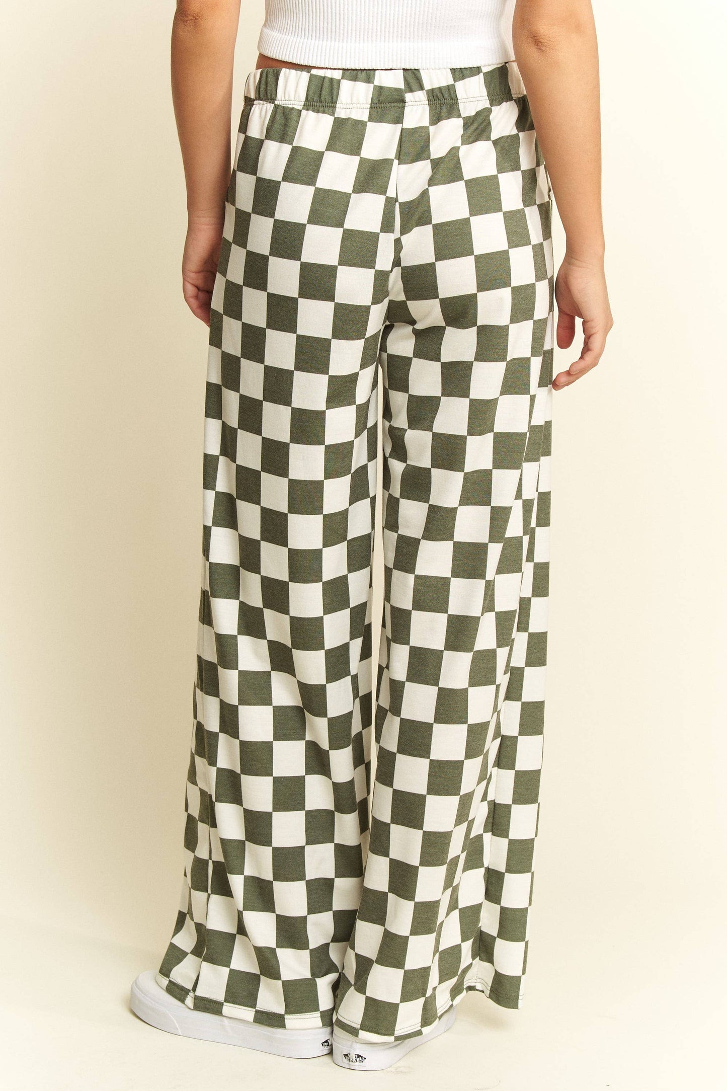 HIGH WAIST CHECKERED STRAIGHT LEG KNIT PANTS