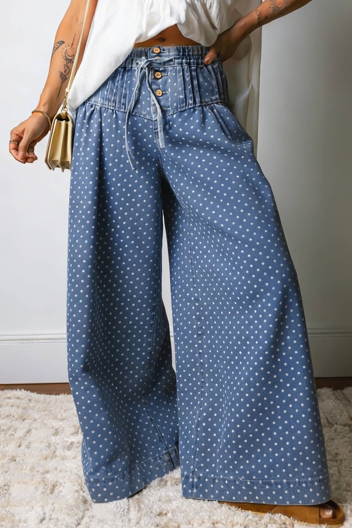Stripe Button Pleated Drawstring Waist Casual Wide Leg Jeans