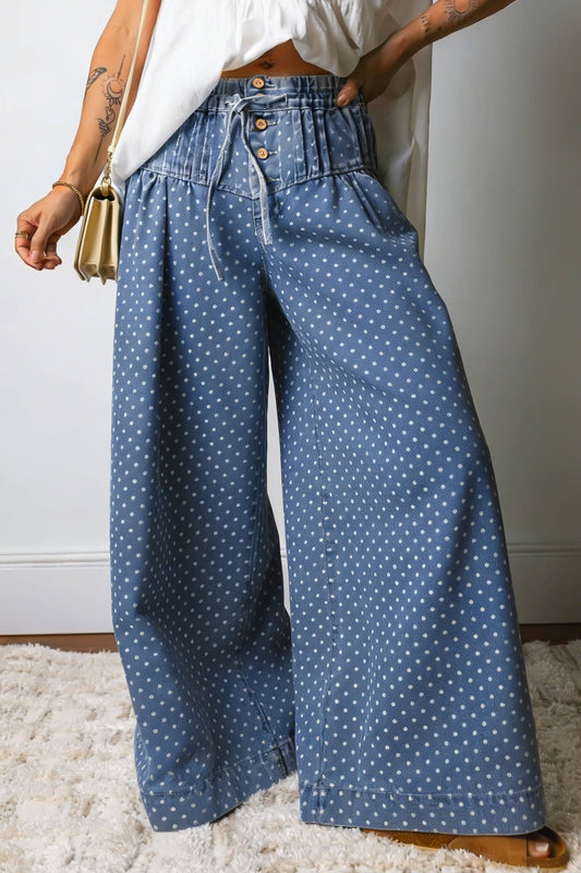 Stripe Button Pleated Drawstring Waist Casual Wide Leg Jeans