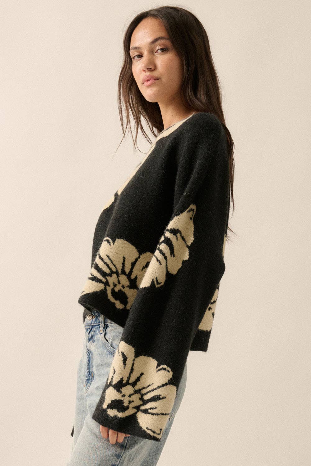Solid Contrasting Floral Sweater