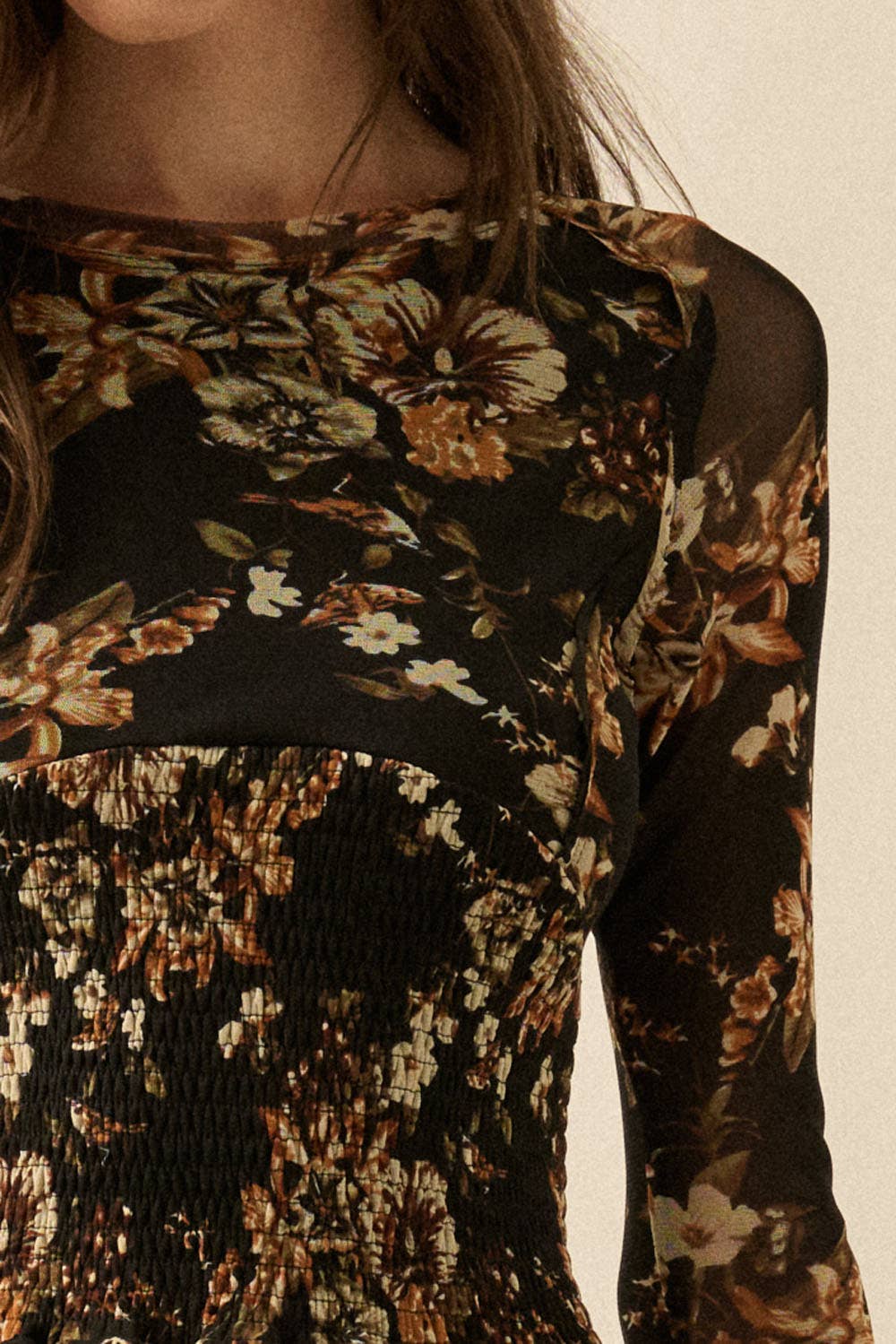 Floral Mesh Smocked Long-Sleeve Midi Dress