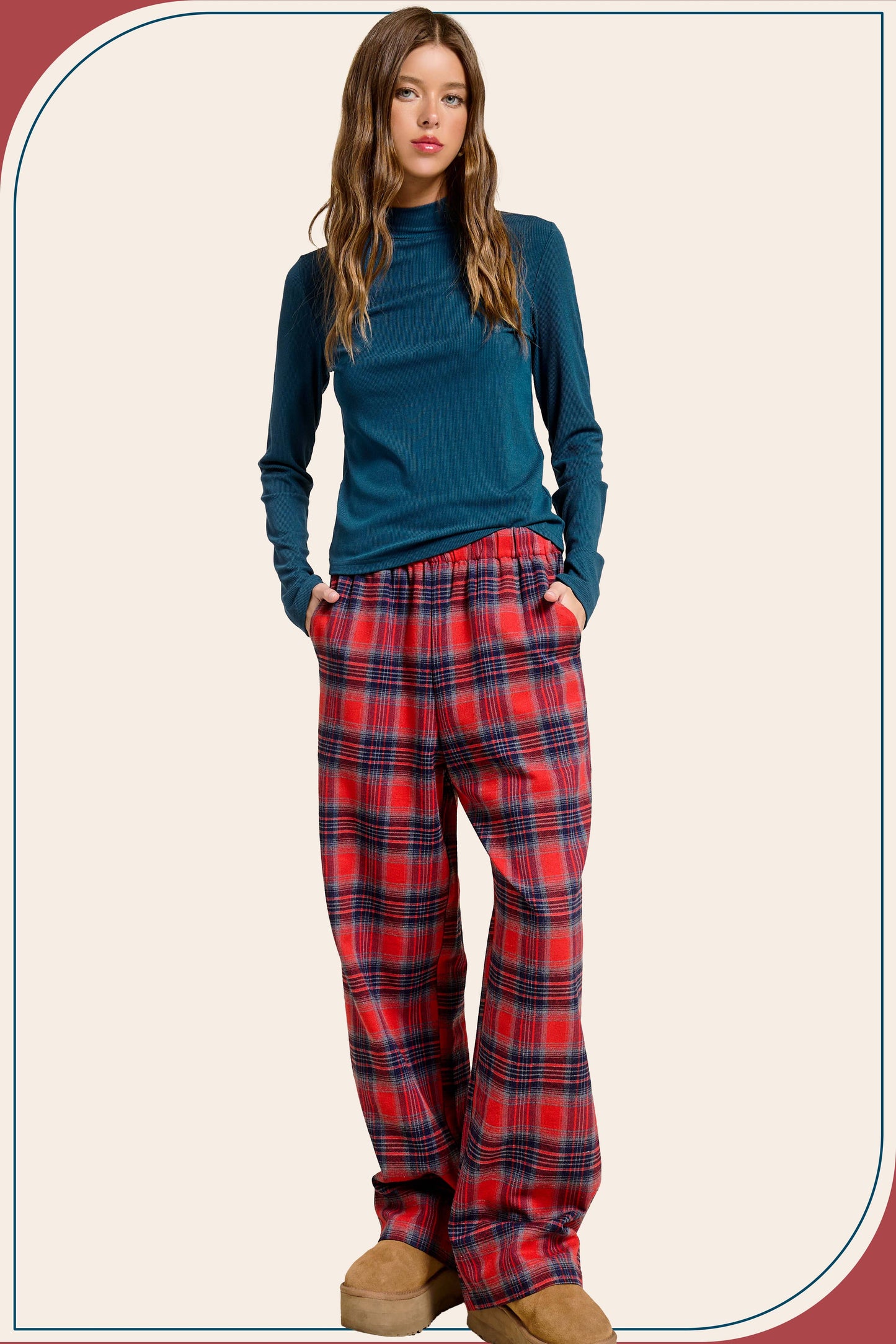 JDP4237-Plaid Flannel Wide-Leg Lounge Checkered Pants