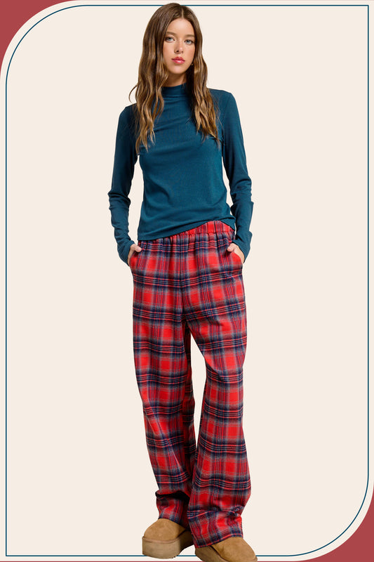 JDP4237-Plaid Flannel Wide-Leg Lounge Checkered Pants
