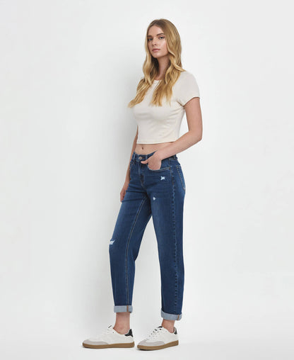 MID RISE DOUBLE CUFFED HEM BARREL LEG JEANS LV1490