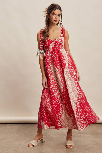 Patchwork Tie Strap Cotton Maxi Dress LD1625