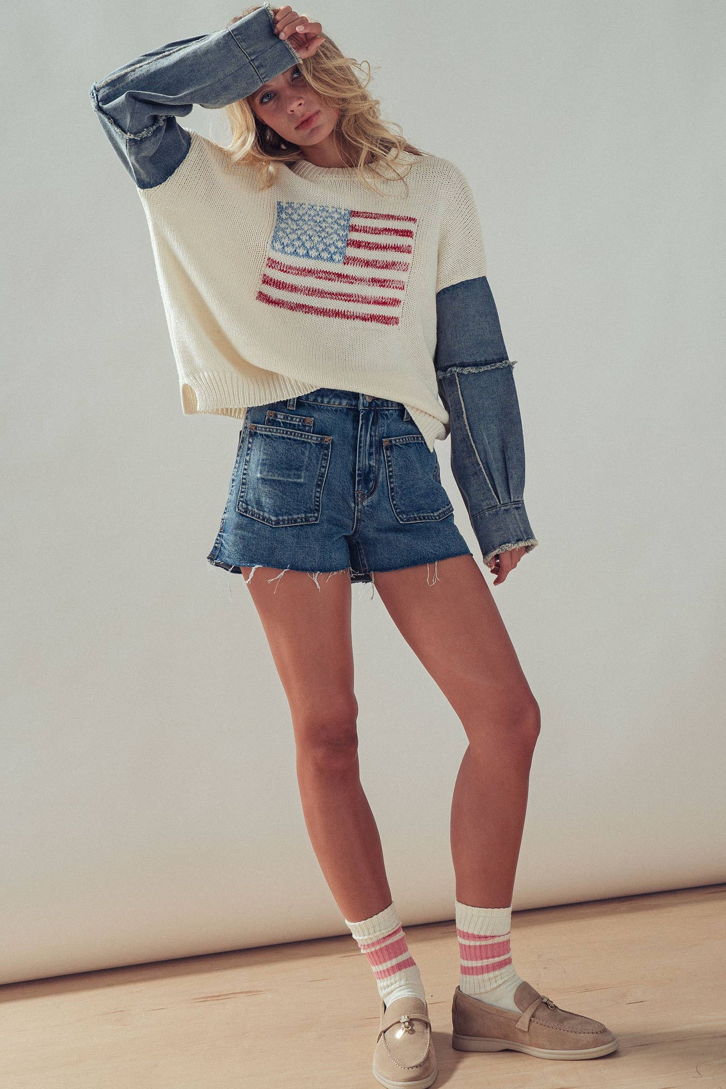 American Flag Mixed Media Denim Sleeve Sweater