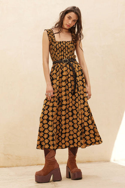 Floral-Print Fit-and-Flare Smocked Midi Dress