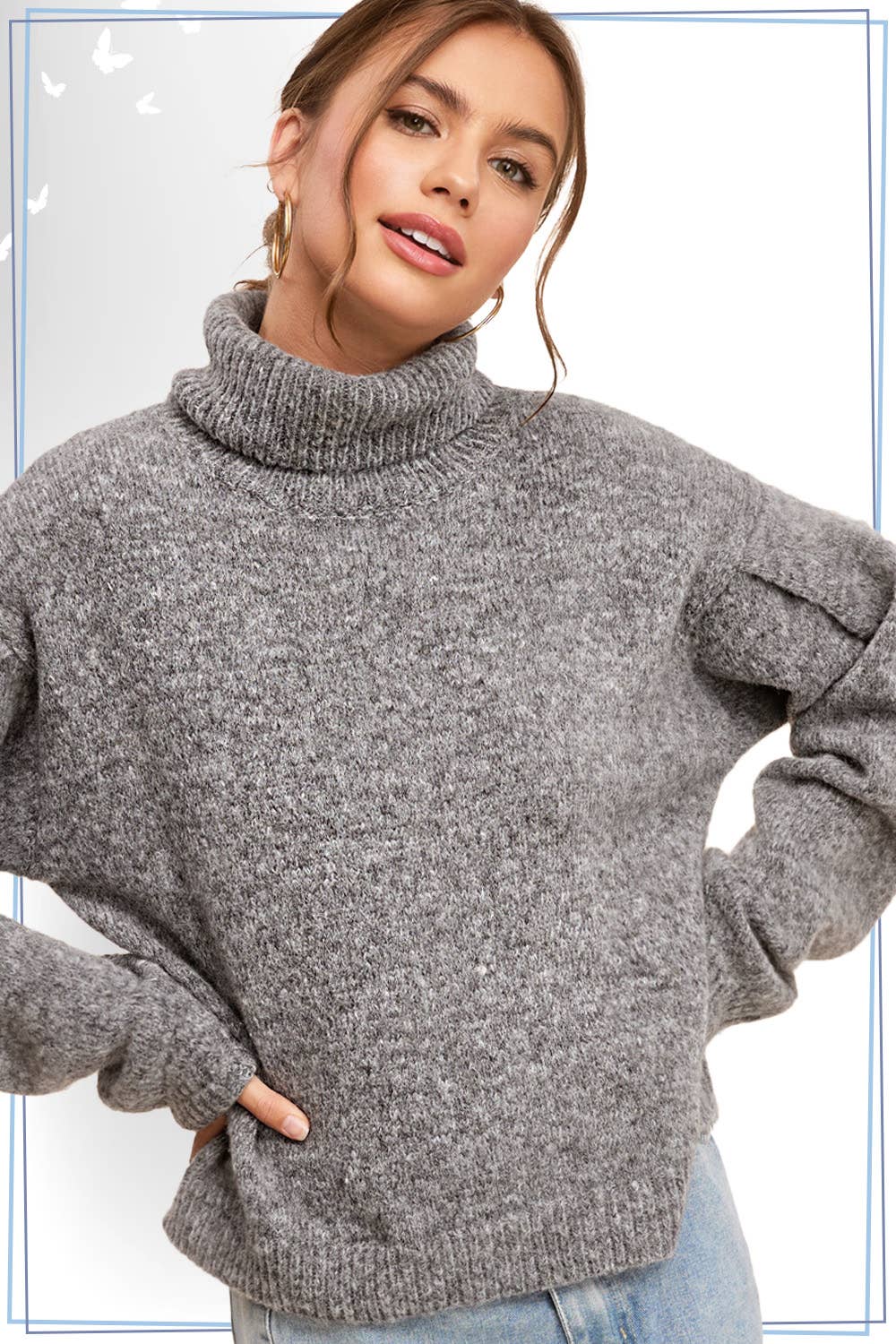 MCS3567-Loose Fit Turtleneck Pin-tuck Long Sleeve Sweater