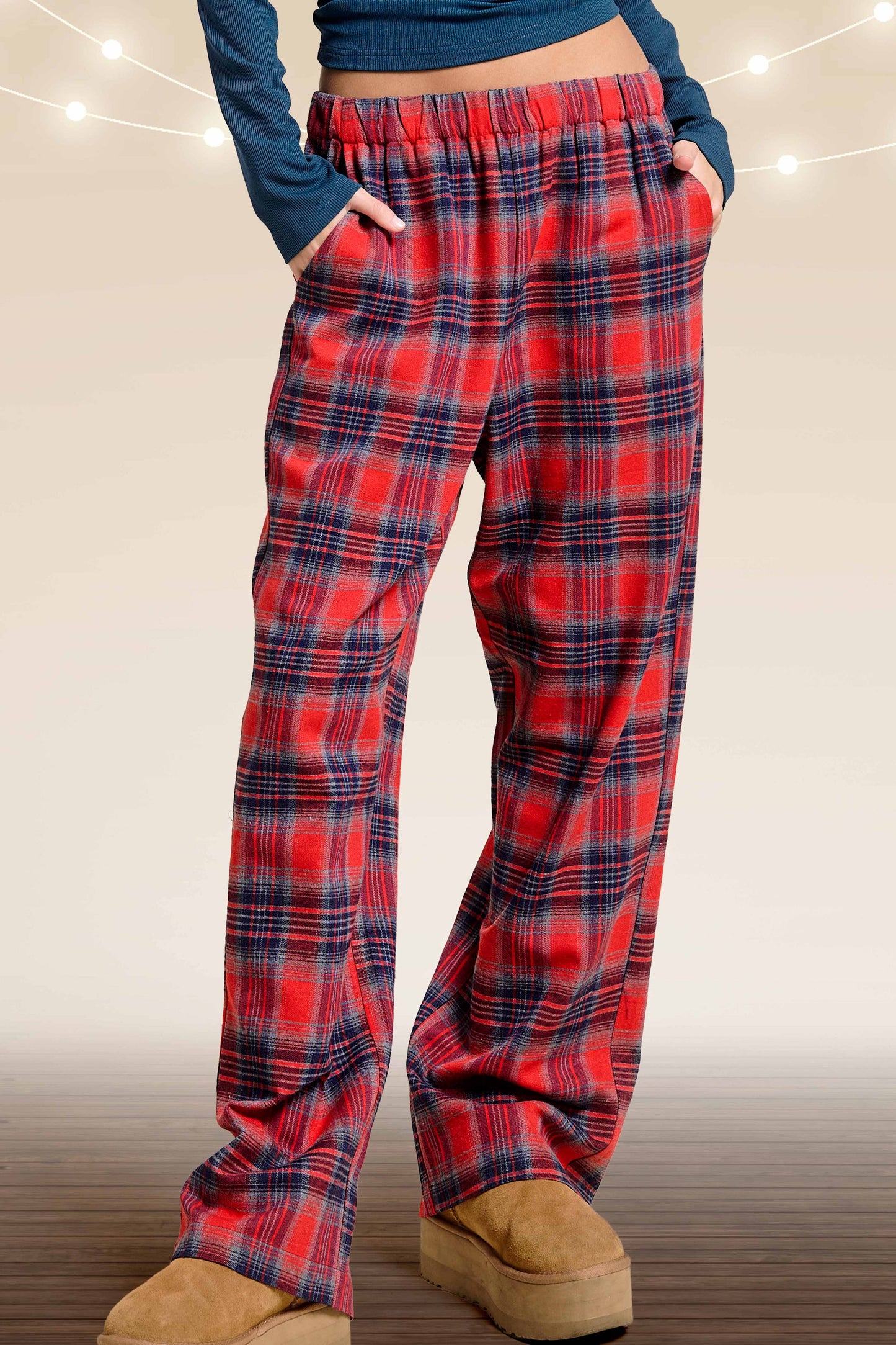 JDP4237-Plaid Flannel Wide-Leg Lounge Checkered Pants