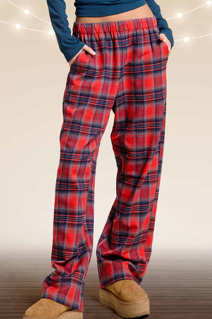 JDP4237-Plaid Flannel Wide-Leg Lounge Checkered Pants