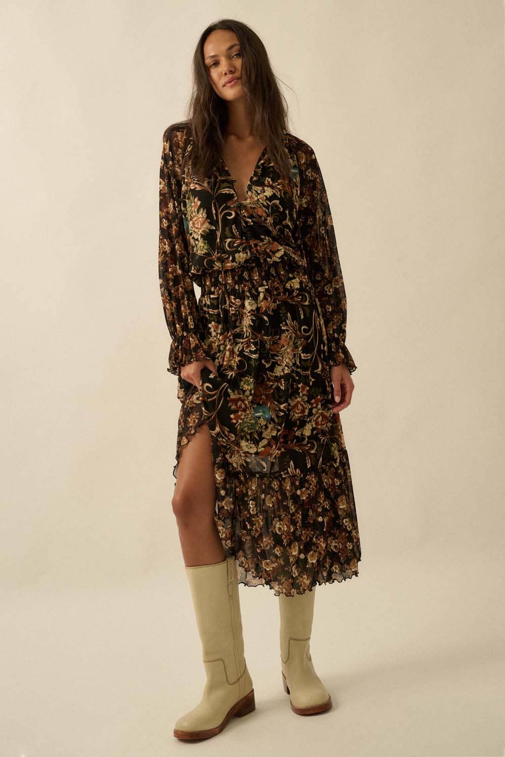Floral-Print Mesh Button-Up Ruffle Maxi Dress