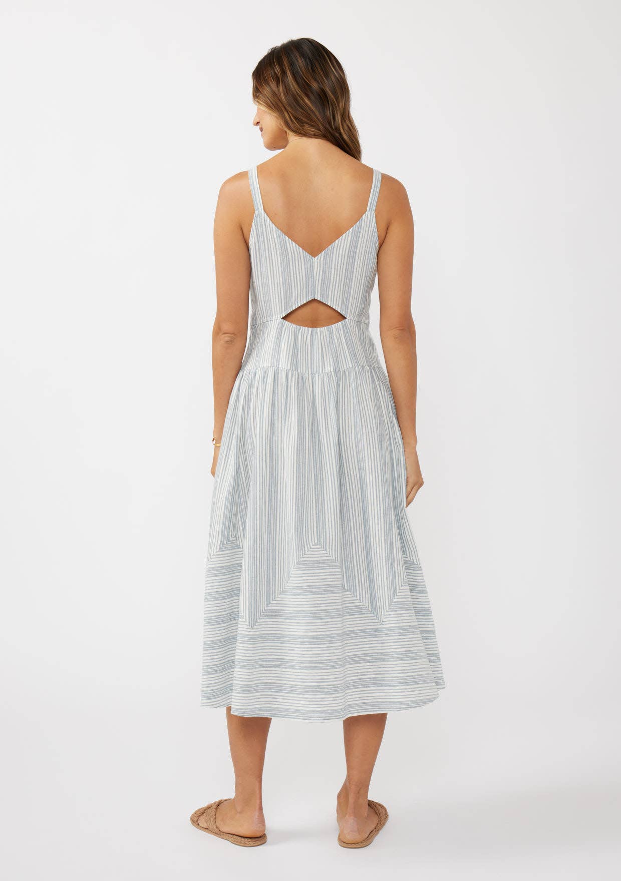 Striped V-Neck Midi Dress with Cutouts and Pockets