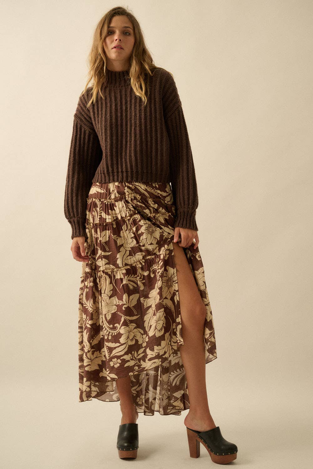 Floral-Print Buttoned Tiered Ruffle Maxi Skirt